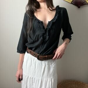 vintage black cotton silk boho cottage ruffle button 3/4 sleeve blouse top